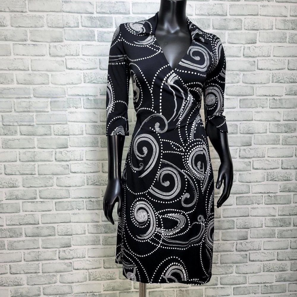 Vintage 90s I.N. San Francisco S Black White Psychedelic Swirl Wrap Dress‎ USA